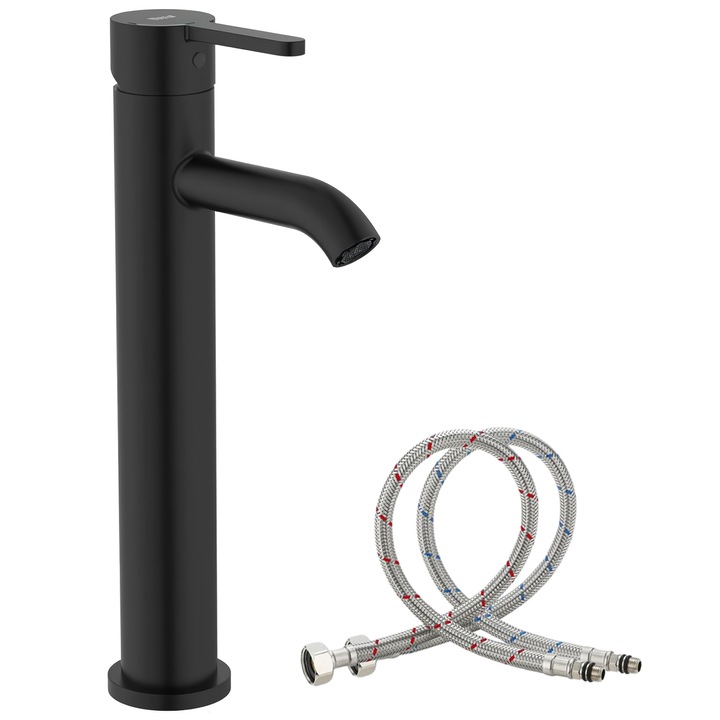 Смесител за мивка в банята, първокласни покрития, висок, кръгъл, включени SMART GADGETS C&A връзки, 30 CM, черен