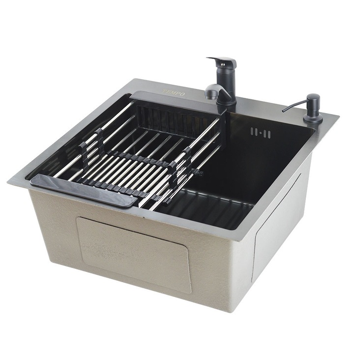 Pachet chiuveta inox Cleanmann 50x50 cm, pe blat, inox anti-amprenta, Hand Made Tempo Black Series cu scurgator vase si dozator 300 ml