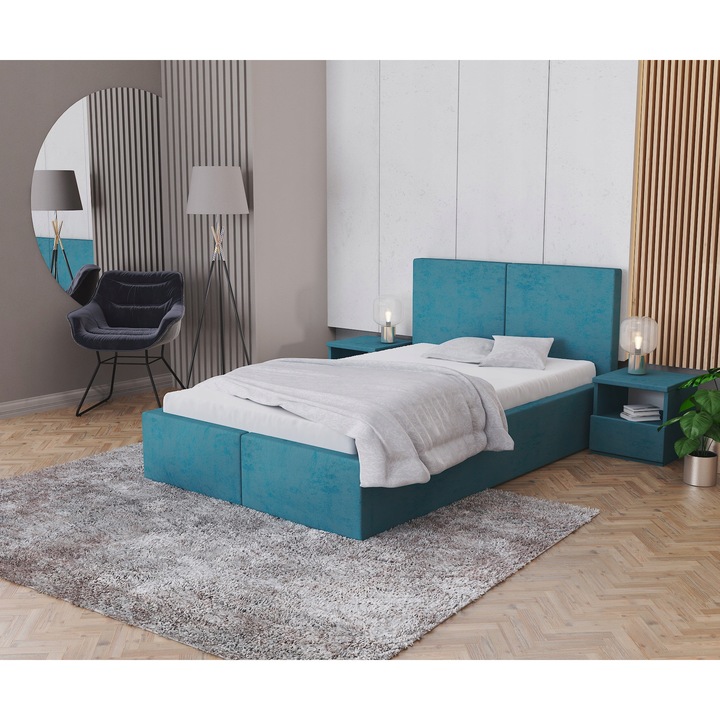 Pat tapitat cu somiera rabatabila din lemn, Spijzdrowo, AMBER, 120x200 cm, turcoaz, cu lada pentru depozitare