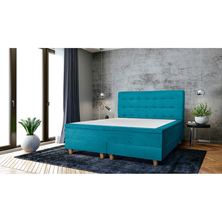 Pat matrimonial, Stockholm, Buttons E, 180x200 cm, saltea tip Pocket, topper memory, Turcoaz