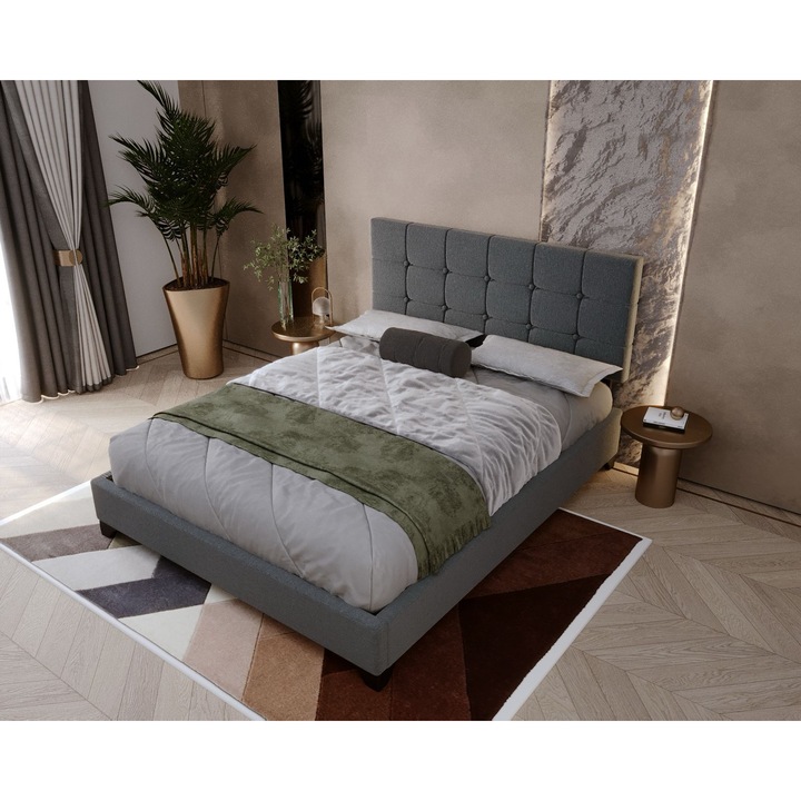 Pat dublu tapitat Modern 140x200cm, suport saltea inclus, culoare Gri