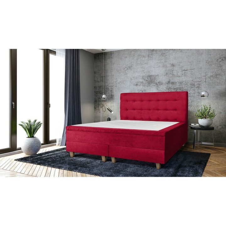 Pat matrimonial, Stockholm, Buttons E, 140x200 cm, saltea tip Pocket, topper memory, Rosu