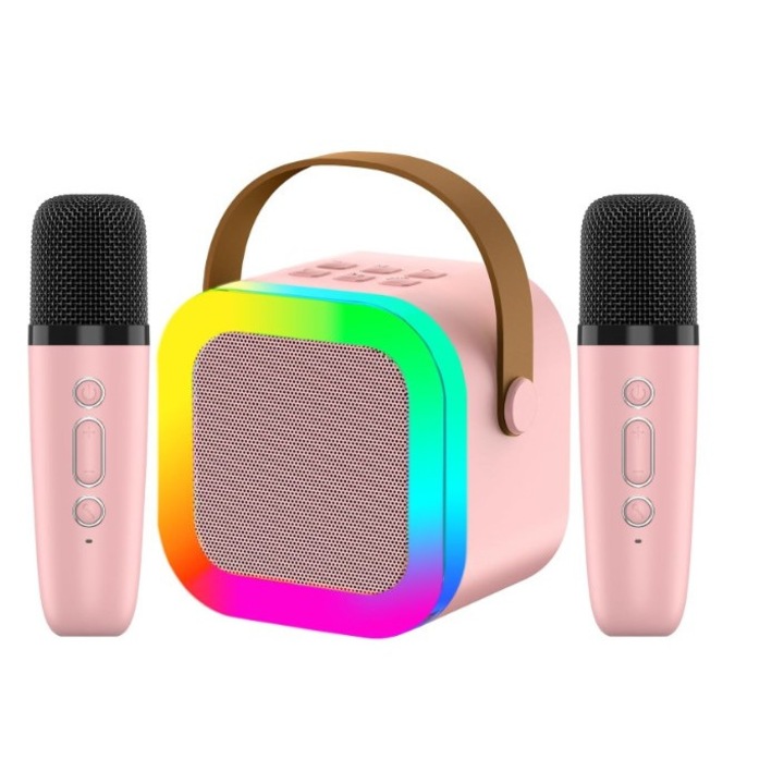 Set Karaoke cu boxa si 2 microfoane pentru copii si adulti, wirless, card micro SD, Bluetooth, radio FM, beige