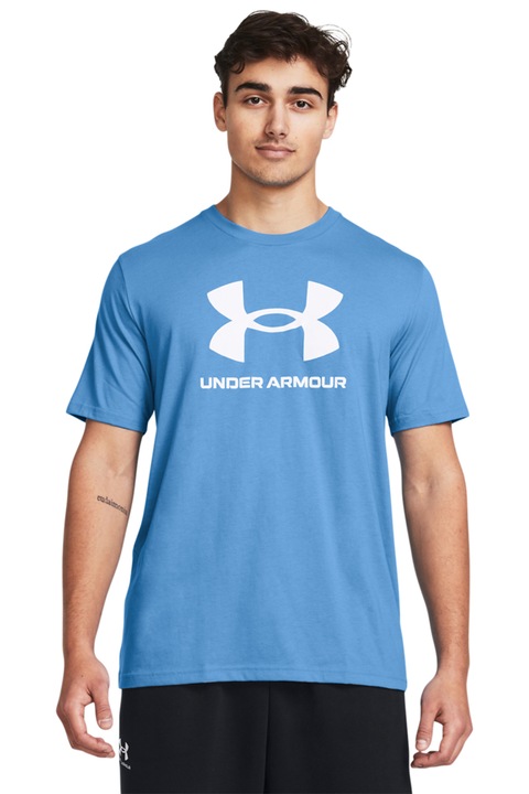 Under Armour, Tricou din amestec de bumbac cu imprimeu logo, Albastru deschis