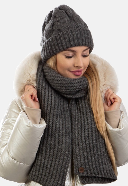 Set caciula si fular SCJ, 76% acril, 160x30cm, universal, Gri