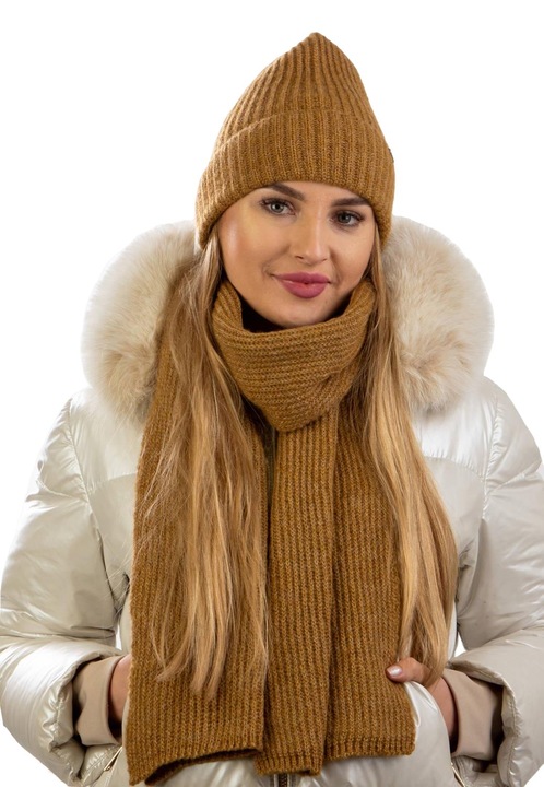 Komplett téli szett nőknek, SCJ, sapka, sál, Narancs, sál méretei: 160x25cm, sapka: univerzális