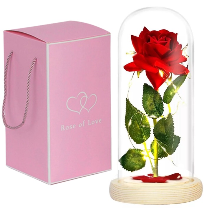 Вечна роза в стъклен буркан с LED светлина - Червено/зелено - 1 роза LOVE02