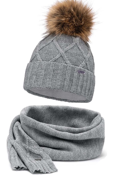 Set caciula si fular dama, SCJ, acril, 170 x 38 cm, gri/maro