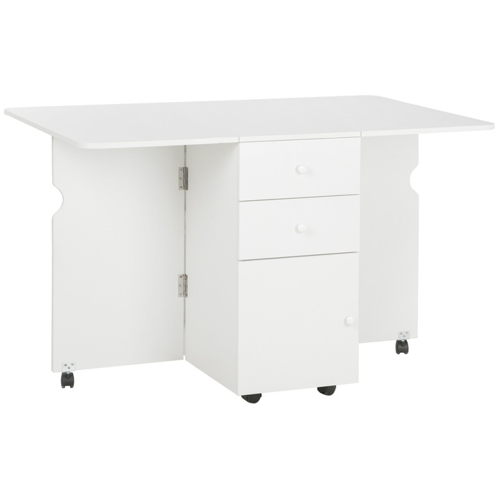 Сгъваема кухненска маса Homcom, ПДЧ, 2 чекмеджета, 6 колела, бяла, 120x80x75см