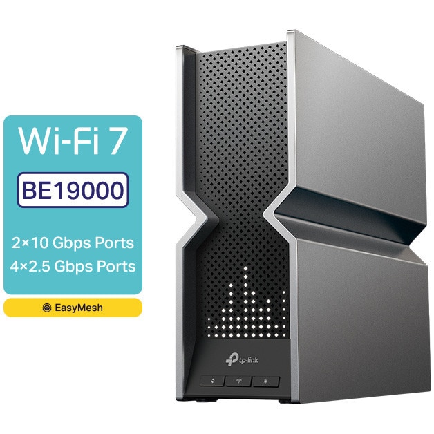 Router Wireless TP-Link Archer BE800, BE19000, Tri-Band, Wi-Fi 7, 2 porturi 10 Gbps + 4 porturi 2.5 Gbps, USB 3.0, EasyMesh, TP-Link HomeShield, VPN, ecran LED