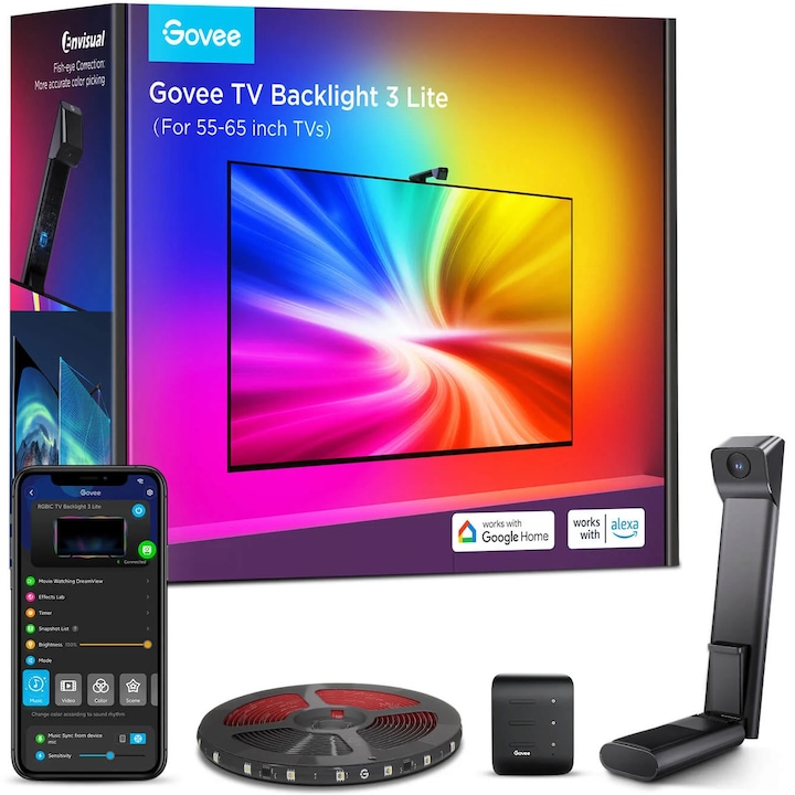 Смарт LED лента за телевизор Govee TV Backlight 3 Lite H6099, Wi-Fi + Bluetooth, RGBICW, Камера, 55-65 инча, Fisheye Correction, 24W