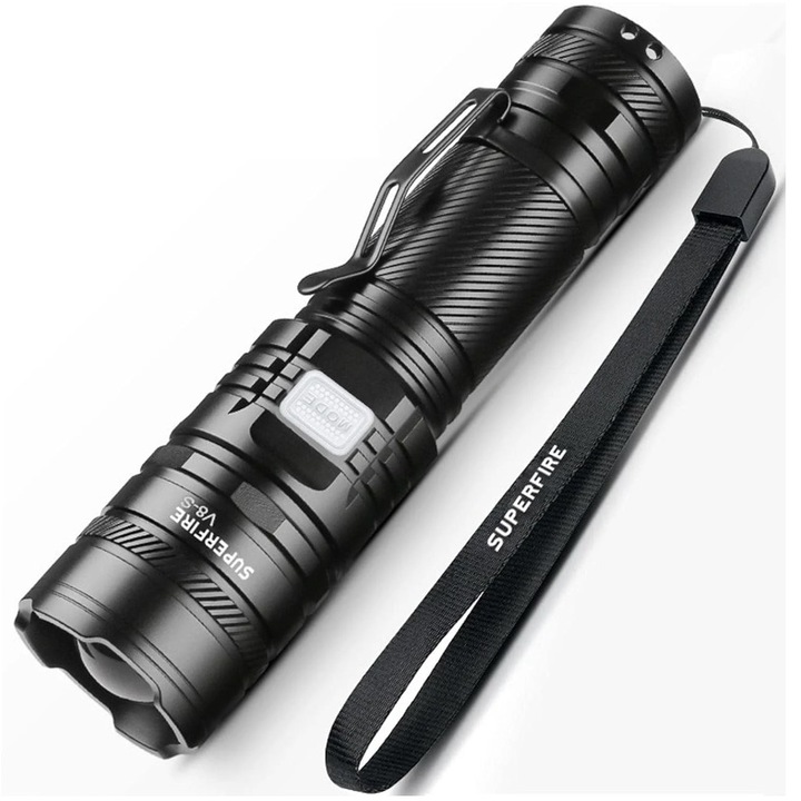 Фенер LED Superfire V8-S, 36W, 2000 lm, 300м, 5200 mAh батерия, Zoom, USB-C зареждане, IP34