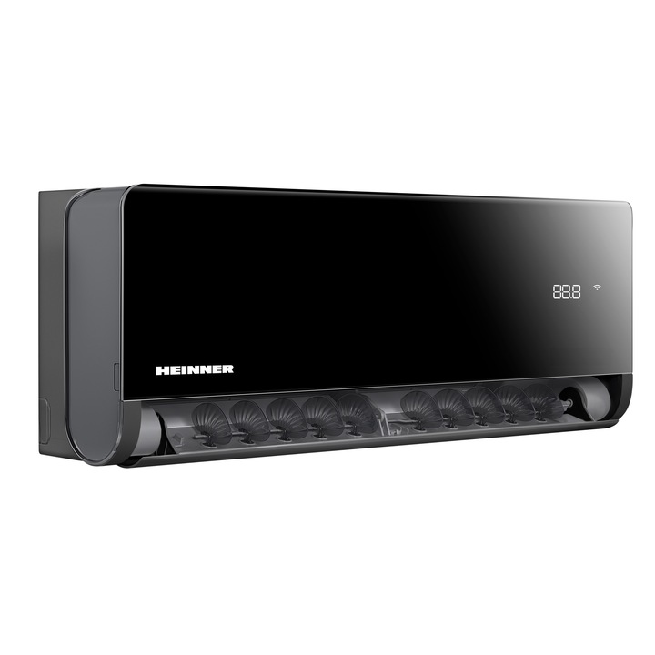Aparat de aer conditionat Heinner BlackPearl 12000 BTU Wi-Fi, Clasa A+++/A++, functie Super Ionizare, Breeze away, Active clean, panou negru oglinda, HAC-BP12WIFI-BK