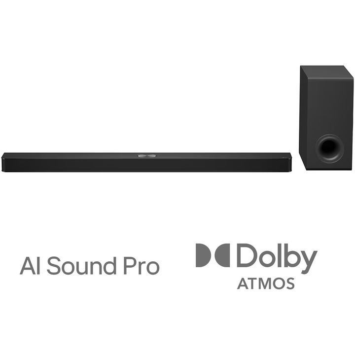 Soundbar LG S90TY, 5.1.3, 570W, Dolby Atmos, Subwoofer Wireless, HDMI, USB, Черен