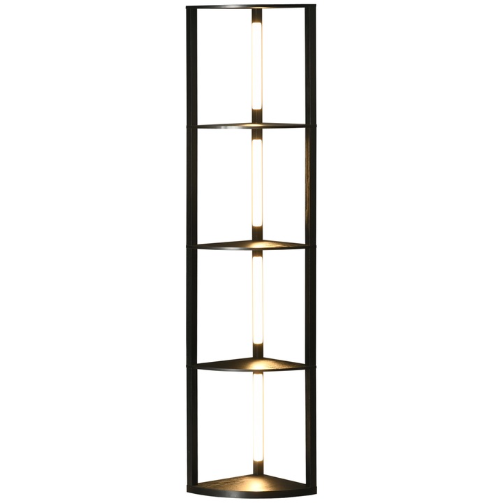 Lampadar Homcom, coloana cu 4 rafturi, LED 3000K reglabil, negru, 41x29.5x163.5cm