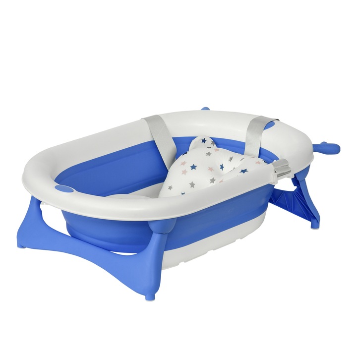 Cadita bebe pliabila Homcom, indicator temperatura, cuscino, albastru, 81.5x50.5x23.5cm