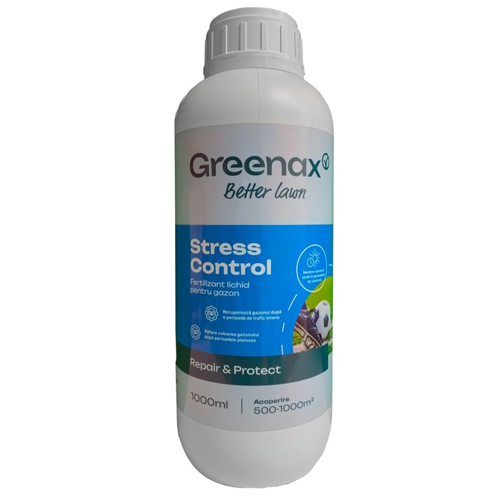 Ingrasamant foliar pentru gazon Greenax STRESS CONTROL, recuperare dupa trafic, seceta, ploi, pregateste gazonul pentru iarna, 1 litru