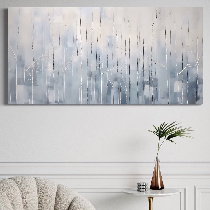 Картина на платно, LuxCanva A1617, Зимен сън, 70 X 140 CM, 100% памучно платно 400g/m2, Дървена рамка, Стая, Дървета, Снежинки, Абстракция, Декоративна, Спалня, Живи цветове