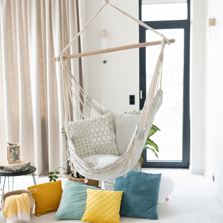 Хамак Dacenergy©, С Дървена Греда, 50% Памук И 50% Полиестер, С Пискюли, 2 Възглавници, 100 X 130 X 55 См, Кремав