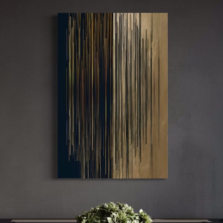 Prémium Vászonkép, LuxCanva® C1202, arany és fekete csíkok, 65 x 100 CM, 100% pamut vászon 400 g/m2, fa keret, relaxáció, nappali, élénk színek