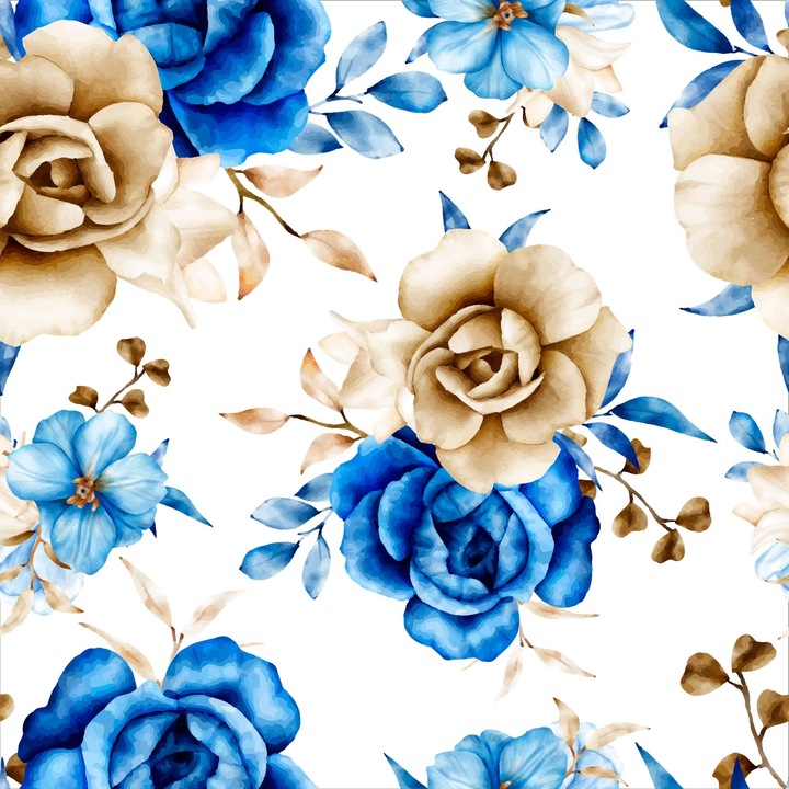 Textil anyag, Kék és arany rózsák, Poliészter 100%, 210g/pm, Méret: 100cm x 155cm