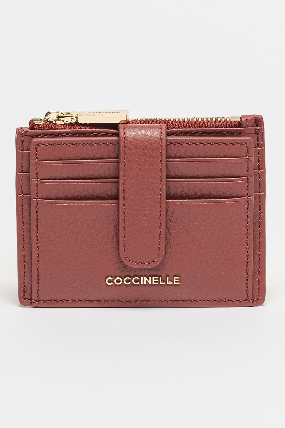 COCCINELLE, Portcart de piele cu aspect marmorat Metallic Soft, Visiniu