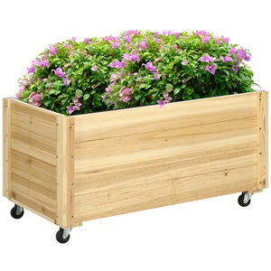 Jardiiniera flori Outsunny, lemn, cu roti si drenaj, 89x48x47cm, culoare naturala