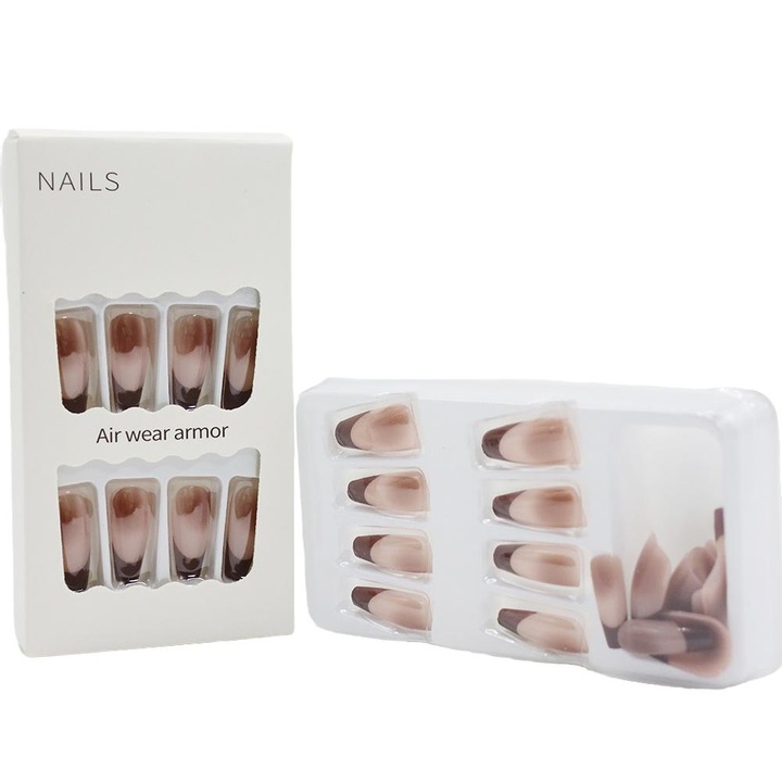 Set 24 unghii false press-on tip balerina, adezive, roz, lucioase