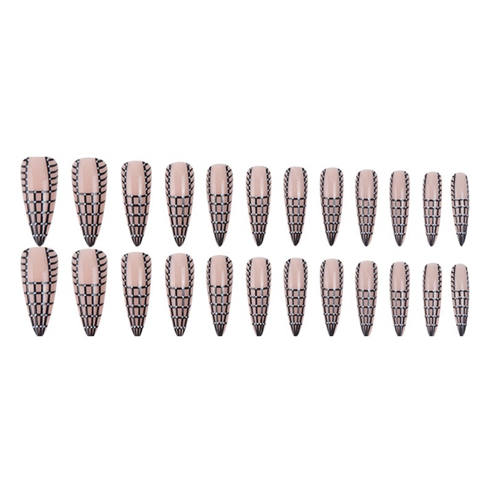 Set 24 unghii false press-on tip balerina, adezive, negru/roz, lucioase