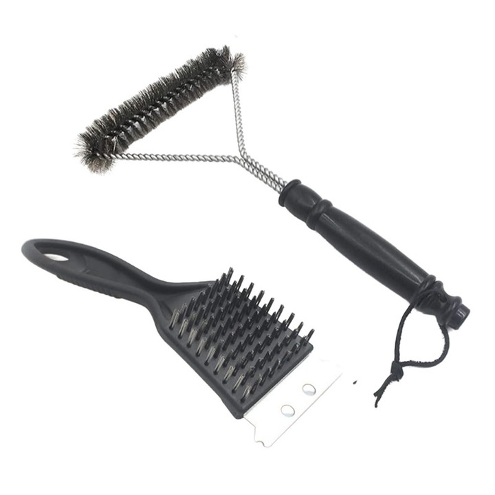 Set 2 Perie pentru gratar din otel inoxidabil, Ronyes®, Negru