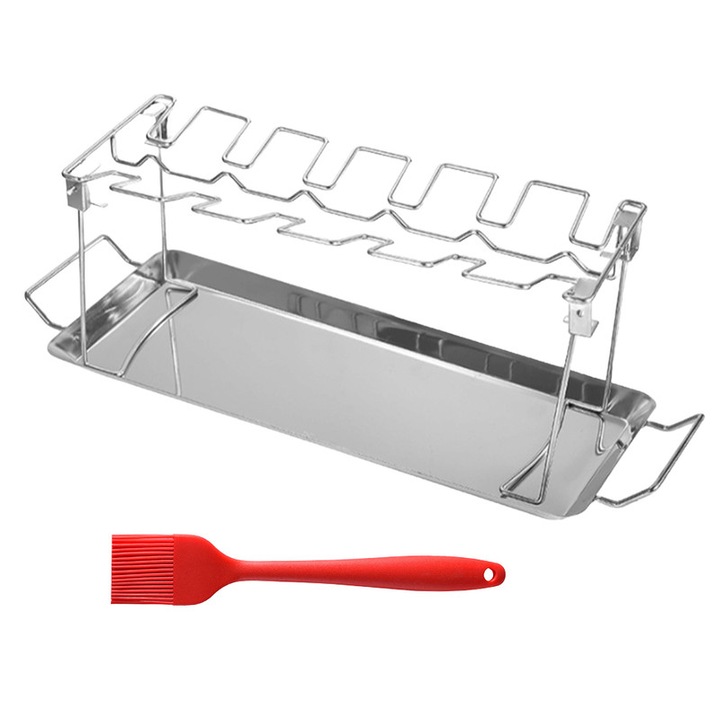 Suport de pui Vertical Roaster Rack, Ronyes®, 12 coapse de pui, Cu perie, Argintiu