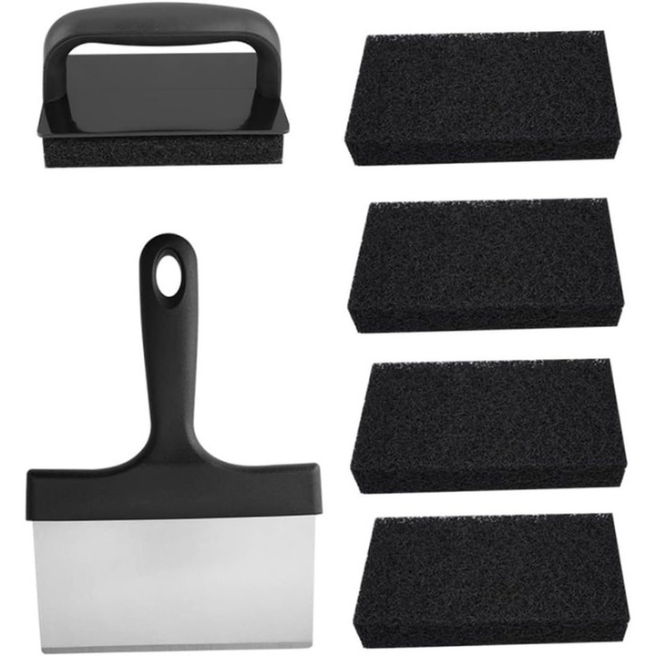 Set Perie pentru gratar din otel inoxidabil, Ronyes®, Cu burete de curatare, Negru