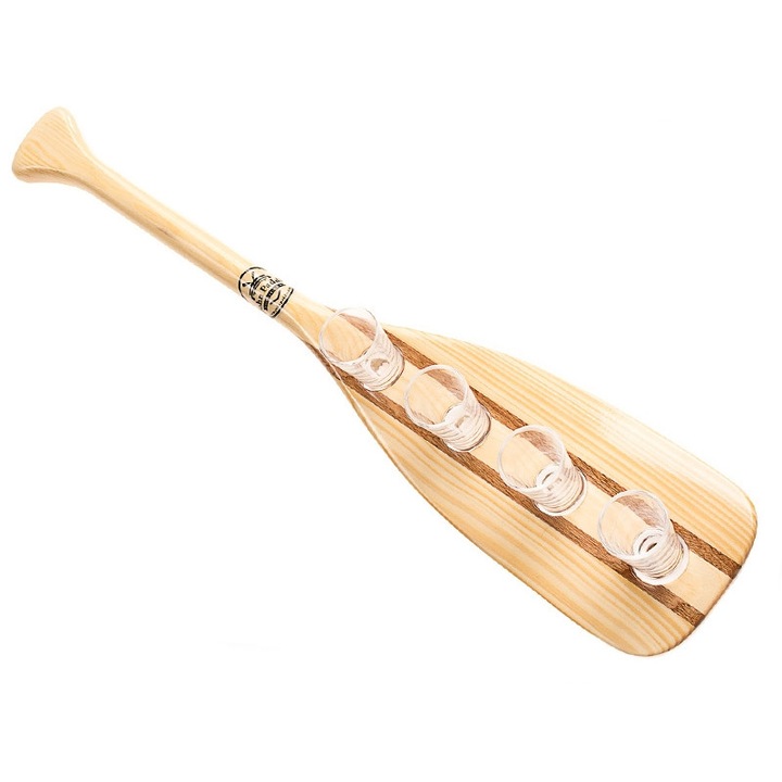 Díszítő lapát poharakhoz, John Paddle, fenyőfa, 60x11,5x4cm, 4 pohárral együtt