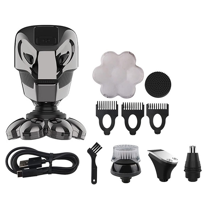 Електрическа самобръсначка, Latauar, Въртящи се глави, 7D, Мултифункционална, Комплект аксесоари за лице, глава и тяло, Самобръсначка 5 в 1, Унисекс, Водоустойчива на водна струя, IPX6, Мокро и сухо използване, LED дисплей, USB зареждане, Сив