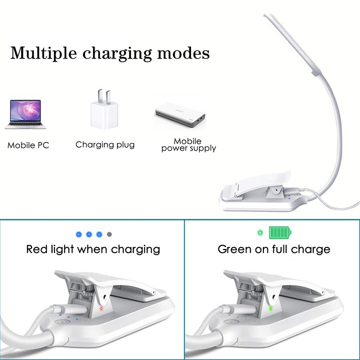 Olvasólámpa, CeruleTree, 9 LED, 3 világítási mód, USB töltés