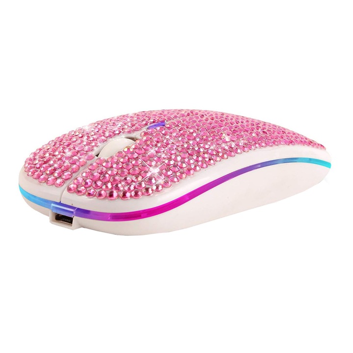 Mouse Wireless, ZJZ, Bluetooth 5.2 si 2.4G, diamante roz, 7 lumini colorate, 1600 DPI, silentios, incarcare USB, Roz