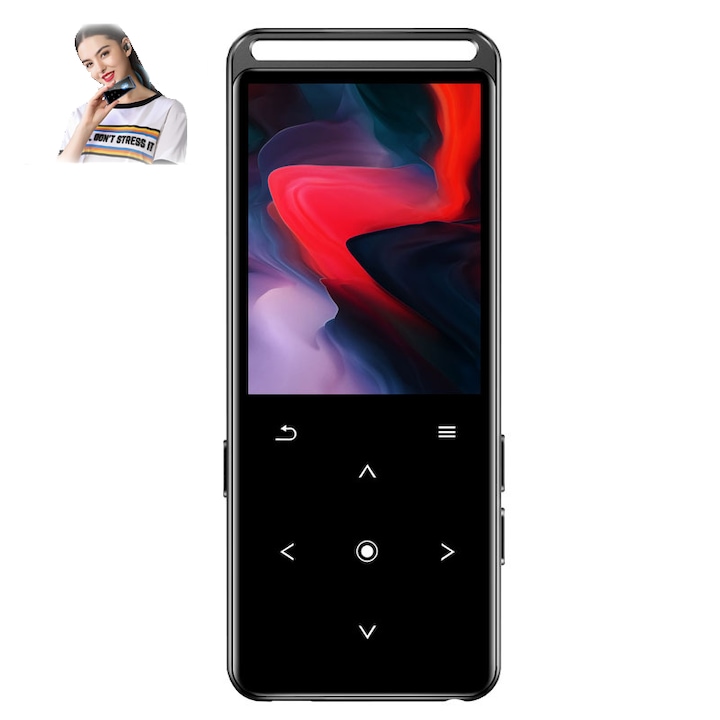 Player MP3 cu touchscreen, Latauar, 1, 8 inch, 64 GB suporta pana la 128 GB, portabil, HiFi audio, Bluetooth, E-book reading, voice recorder, Radio FM, negru