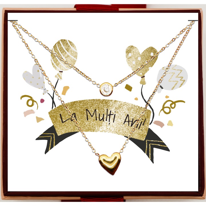 Set Cadou pentru Femei - Lantisor Dublu cu Pandantiv in Forma de Inima si Zirconiu, Cutie cu Panglica si Card Magnetic cu Dedicatie "La Multi Ani"
