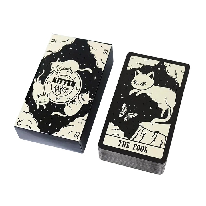 KITTEN TAROT Комплект карти Таро, 78 карти, модел на коте, черно и бяло, 10.3x6cm