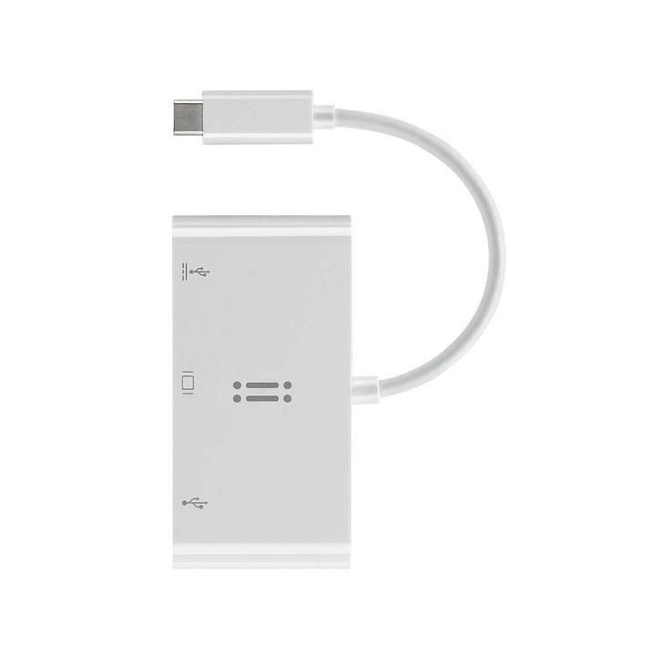 USB хъб за пренос на данни, USB Type-C към VGA/USB Type-C/USB A 3.0, Plug&Play, универсална съвместимост, Бял