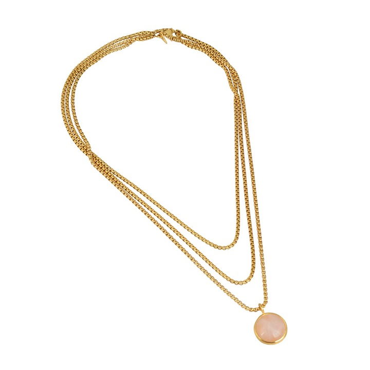 Colier Max Dilon Zenia, placat cu aur 24k, cuart roz, lungimi 40/43/50cm, auriu