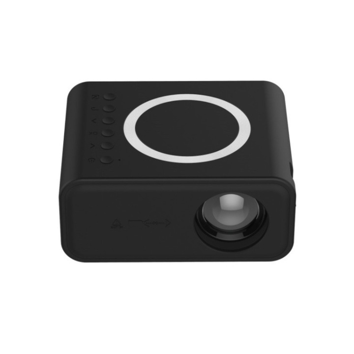 Видеопроектор, мини размер, дистанционно управление, стойка за смартфон, черен