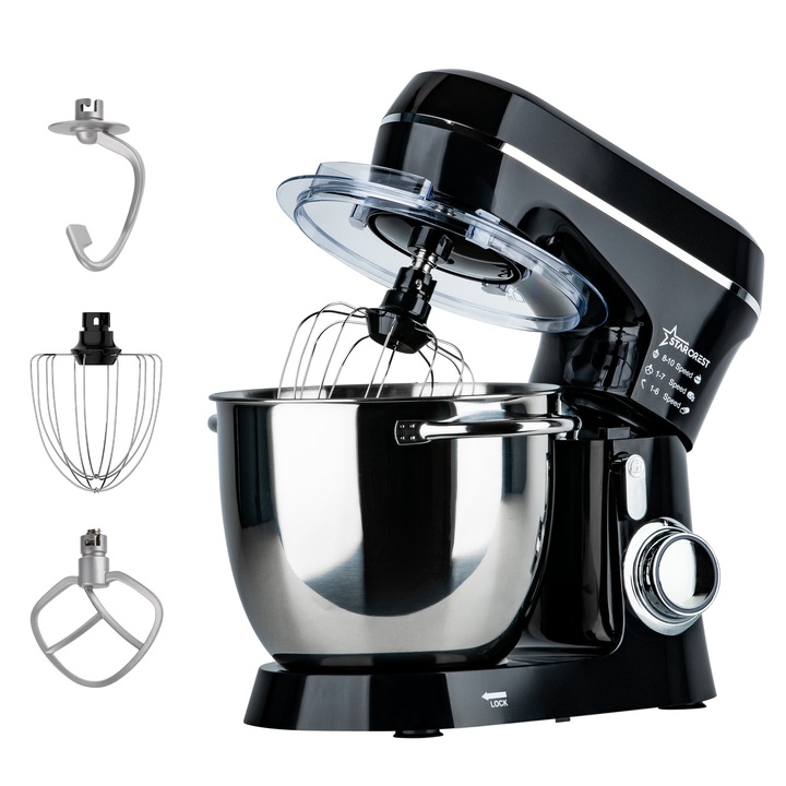Robot de bucatarie STARCREST SKM-1300BK, 1300W, Bol 5.2 L Inox, 4 Accesorii, 10 Viteze + Pulse, Angrenaje metalice, Negru