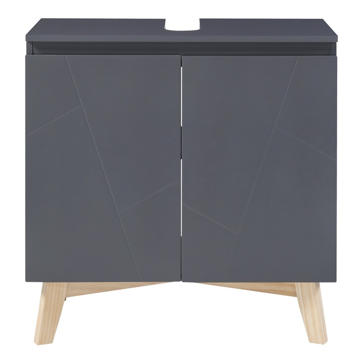 Dulap, en.casa, PXFH-0107 Overath, 60 x 60 x 30 cm, mdf, pal, lemn, gri, efect lemn, de sine statator, montabil sub chiuveta, cu 2 rafturi