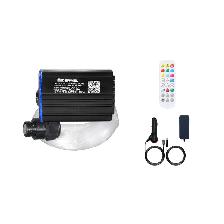Kit fibra optica plafon instelat RGBW 348 fire de 3m, 250 de 0.75 mm si 98 de 1mm, Bluetooth, Efect ploaie de stele, Control prin aplicatie si telecomanda, Giderwel