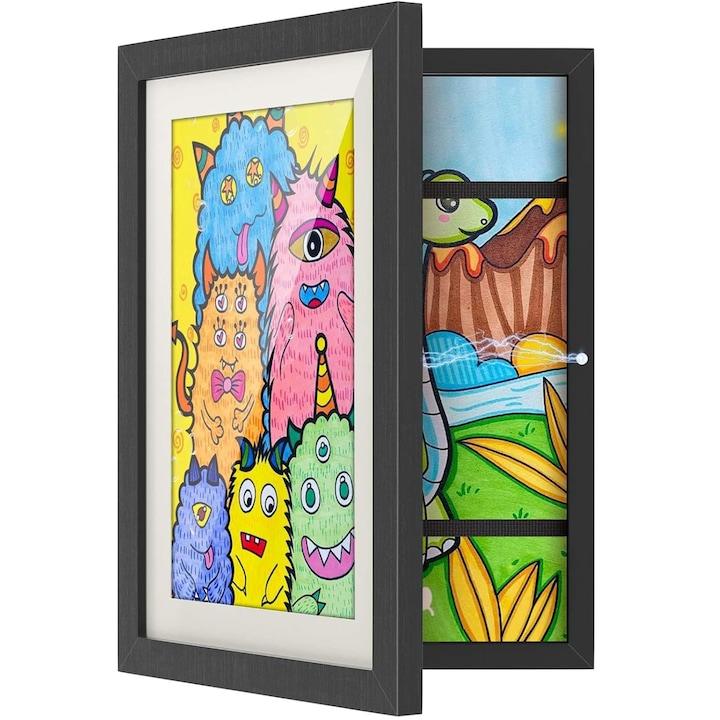 Rama Multifunctionala MONDESA® pentru Desene, Opere de Arta Copii, Rama Artistica A4 cu Spatiu Depozitare si Afisare 150 coli, A4, Negru