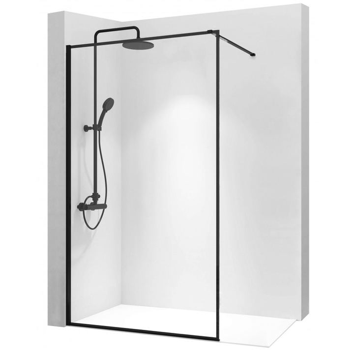 Set Cabina De Dus, Rea, Sticla, Aluminiu, Strat Antiaderent, Garnituri Care Asigura 100% Etanseitate, Design Clasic, Design Modern, Usor De Integrat In Decorul Contemporan, Raft De Agatare Evo, 70 x 0.6 x 195 cm, Negru