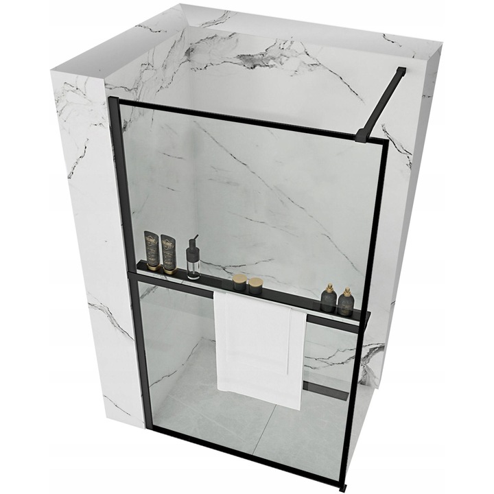 Set Cabina De Dus, Rea, Sticla, Aluminiu, Strat Antiaderent, Garnituri Care Asigura 100% Etanseitate, Design Clasic, Design Modern, Usor De Integrat In Decorul Contemporan, Raft De Agatat Evo, 120 x 0.6 x 190 cm, Negru