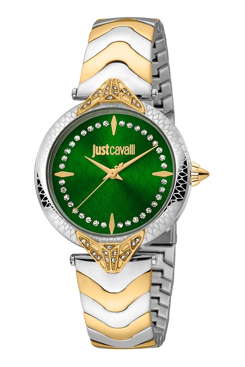 JUST CAVALLI, Часовник от неръждаема стомана и кристали, Camo зелен, Сребрист, Златист