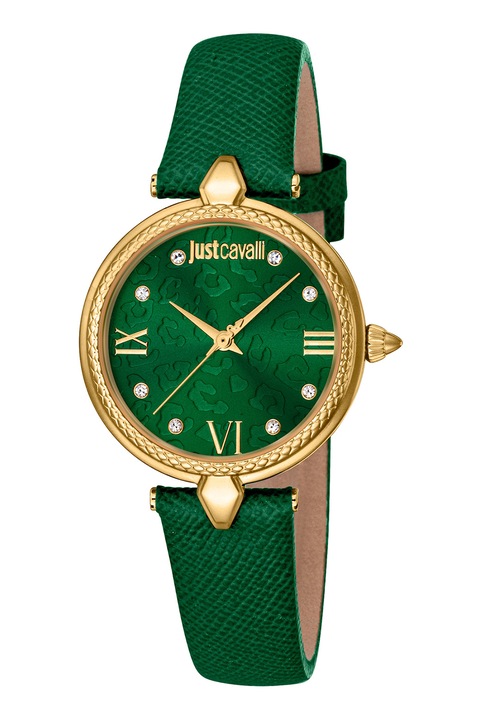 JUST CAVALLI, Часовник с кожена каишка и лого, Camo зелен, Златист